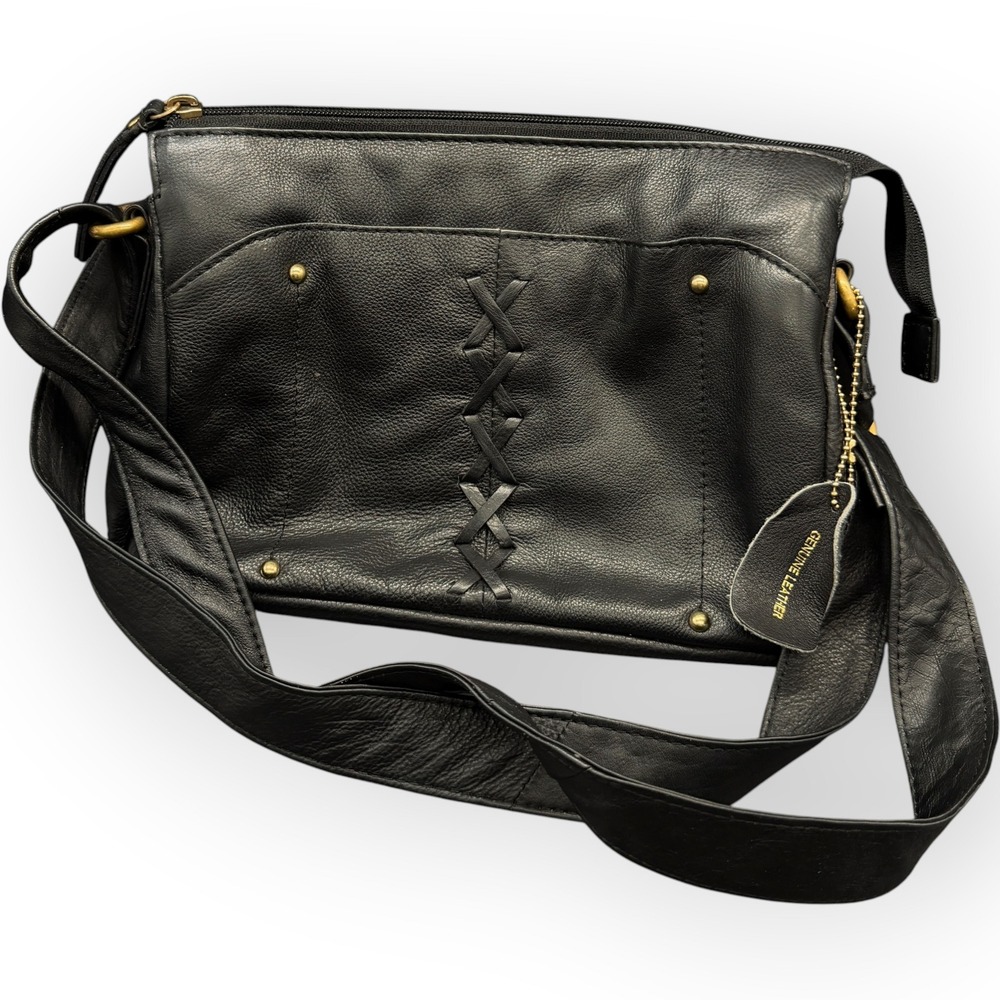 Great American Leather Works Black Leather Adjustable Crossbody Bag Whipstitch‎